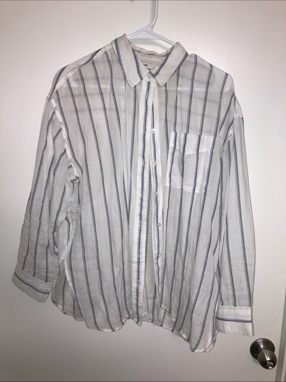Madewell White Button-Down Shirt with Blue Vertical Stripes